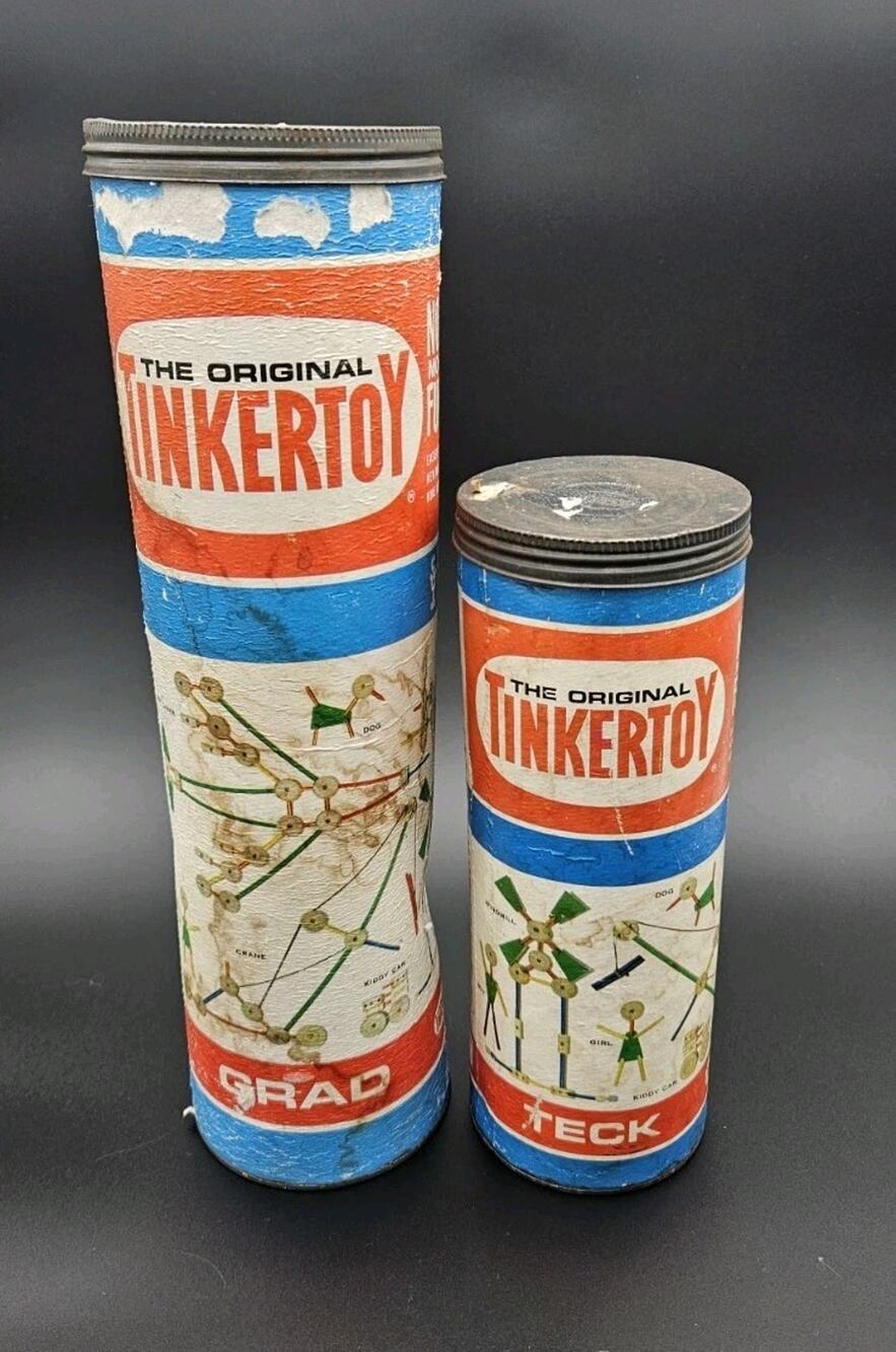 Vintage Original Tinkertoy TECK & GRAD Construction Set Tubes Wood 1950s-60s